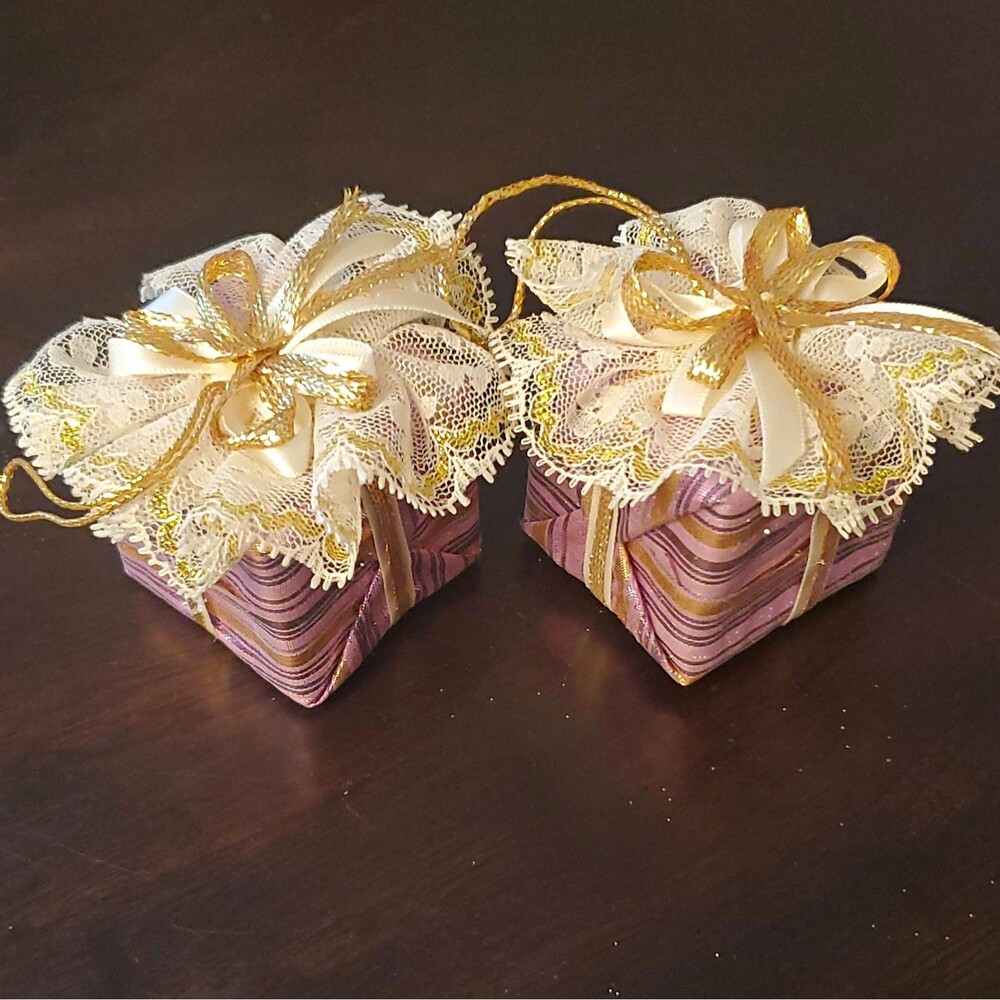 2 Purple Square Decorative Gift Boxes w/ Gold Ribbon & Lace Bow Lids